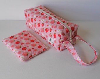 Strawberry Zipper Box Pouch, Set of 2, Quilted Cosmetic Case or Makeup Bag