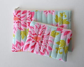 Set of 2 Quilted Zipper Pouches, Cosmetic Case and Coin Purse, Pink Floral