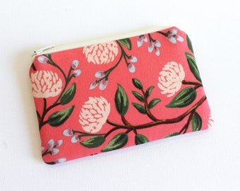 Coin Purse or Mini Wallet, Small Zipper Pouch for Women and Teens, Pink Peonies Rifle Paper Co