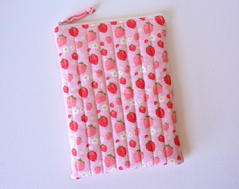 Strawberry Quilted eReader Zipper Pouch Case, Travel Essential, Padded eReader Sleeve, Book Lover Gift