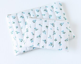 Set of 2 Blue Poppy Feedsack Zipper Pouches: Quilted Cosmetic and Coin Purse