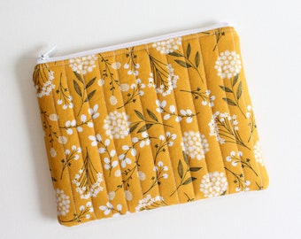 Travel Zippered Pouch for Women and Teens, Cosmetic Case or Makeup Bag, Mustard Woodland Fabric