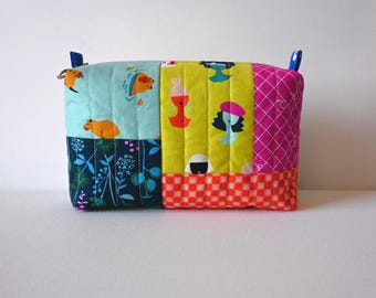 Quilted Patchwork Zippered Boxy Pouch for Women and Teens, Cosmetic Case or Makeup Bag