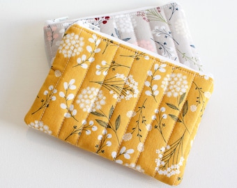 Quilted Coin Purse, Small Zipper Pouch, Change Pouch, Women and Teens, Berry Leaves, Mustard Woodland