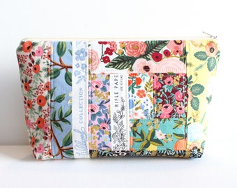 Patchwork Zipper Pouch, Rifle Paper Co. Fabrics, Makeup Bag, Cosmetic Case, Gift for Her