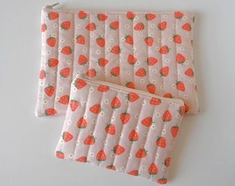 Zipper Pouches, Strawberries on Peach, Cosmetic Case or Makeup Bag, Coin Purse