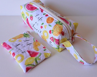 Quilted Zipper Pouch Set, Watercolor Fruit Print, Cosmetic Travel Bag