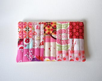 Handmade Everyday Zipper Pouch: Pink Patchwork Cosmetic Case or Makeup Bag