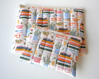 Book Themed Zipper Pouch, Quilted Cosmetic Case or Kindle Pouch and Coin Purse