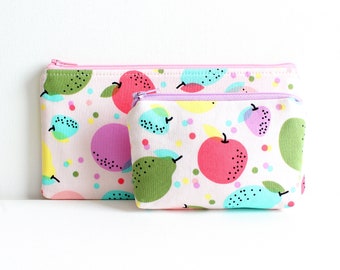 Set of 2 Fruit Fabric Zipper Pouches, Long Zipper Pouch and Coin Purse, Cosmetic Case or Makeup Bag