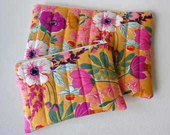 Set of 2 Quilted Zipper Pouches, Everyday Bags, Golden Floral