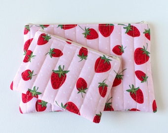 Zipper Pouches, Strawberries on Pink, Cosmetic Case or Makeup Bag, Coin Purse