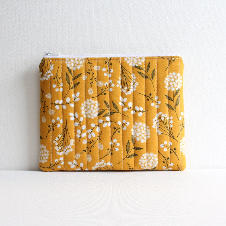 Travel Zippered Pouch for Women and Teens, Cosmetic Case or Makeup Bag, Mustard Woodland Fabric image 5