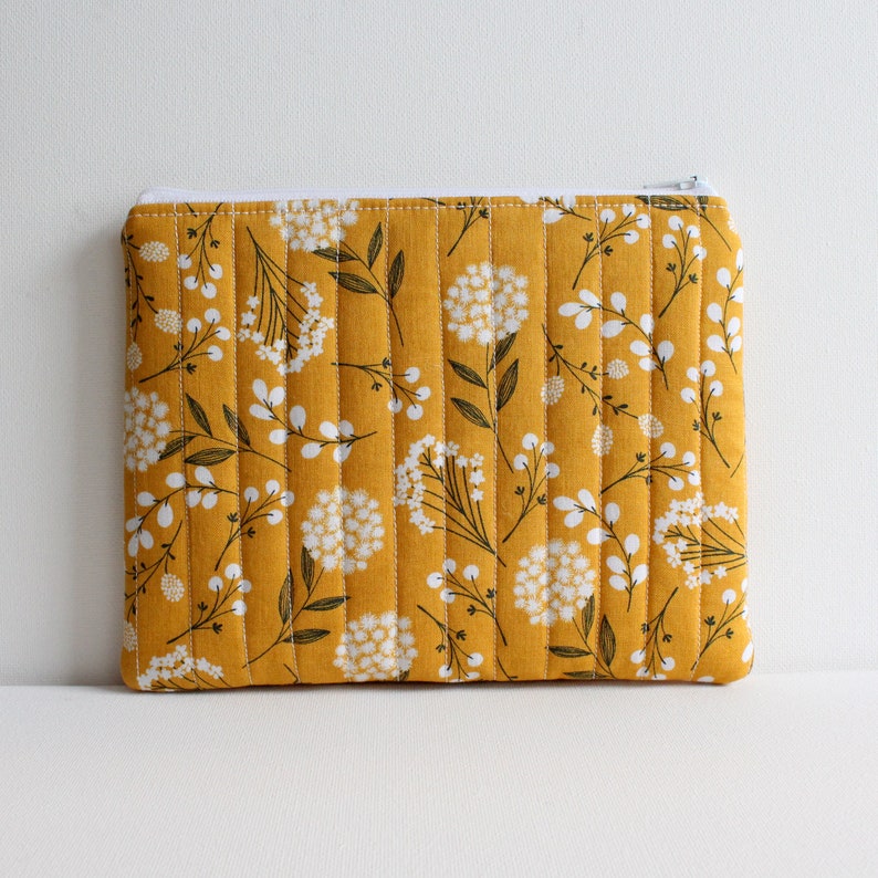 Travel Zippered Pouch for Women and Teens, Cosmetic Case or Makeup Bag, Mustard Woodland Fabric image 2
