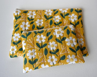 Quilted Daisies on Mustard Zipper Pouch, Cosmetic Bag or Coin Purse, Accessory Case