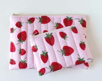 Set of 2 Zipper Pouches, Strawberries on Pink, Makeup Bag and Coin Purse