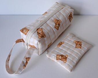 Quilted Gingham Teddy Bear Zipper Pouch Set, Cosmetic Makeup Bag