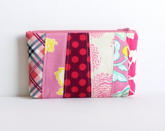 Scrappy Pink Patchwork Zipper Pouch, Makeup Bag or Cosmetic Case, Toiletry Storage for Women and Teens