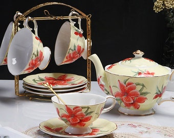 Retro Keramik Kaffee-Set | Keramik Kaffeetasse mit Untertasse | Exquisites Nachmittagstee-Set | Teeparty Tee-Set | Teeset nach Maß
