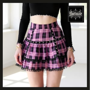 Pink Plaid Gothic Mini Skirt Harajuku Lace Ruffle Skirt for Women, Fairy Grunge Pleated Lolita Aesthetic Streetwear