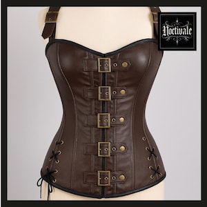Brown Steampunk Leather Overbust Corset Top with Buckle Straps, Gothic Victorian Waist Cincher for Women, Festival Costume Bustier