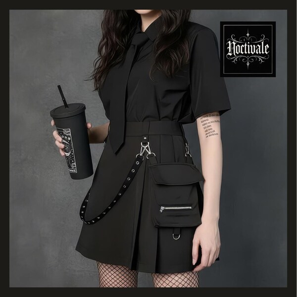 Punk style black pleated skirt   KF82315