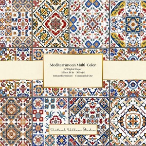 May include: A collection of 12 digital papers with a Mediterranean multi-color design. Each paper measures 12 x 12 inches and has a resolution of 300 dpi. The papers feature intricate patterns in shades of blue, red, yellow, and white. The text on the image reads "Mediterranean Multi-Color".