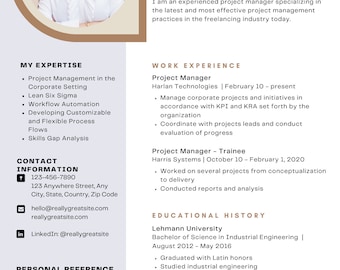 May include: A resume for Marie Jones, a project management specialist. The resume includes her contact information, work experience, education, and personal reference.