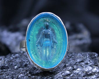 Enamel Intaglio Virgin Mary Ring: 925K Sterling Silver Antique Style