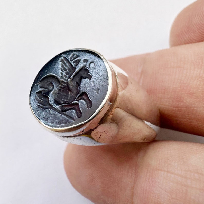 May include: A silver ring with a black onyx stone featuring a detailed engraved image of a winged horse.