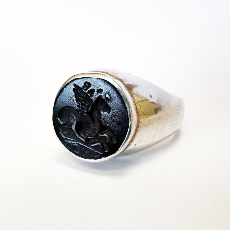 May include: A silver ring with a black onyx stone featuring a carved image of a winged horse.