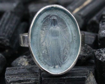 Enamel Intaglio Virgin Mary Ring: 925K Sterling Silver Antique Style