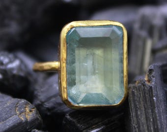 Natural Aquamarine Sterling Silver Ring - Yellow Gold Vermeil