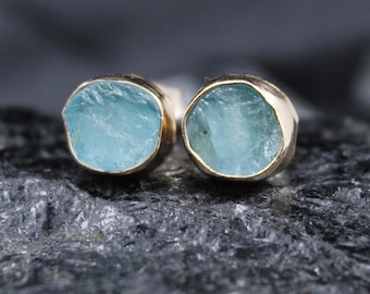 Raw Natural Aquamarine Stud Earrings: 24K Gold over Sterling Silver, March Birthstone