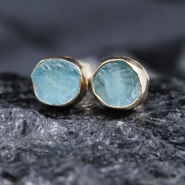 Raw Natural Aquamarine Stud Earrings: 24K Gold over Sterling Silver, March Birthstone