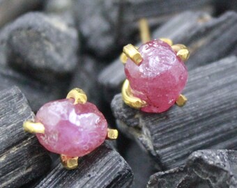 Raw Ruby Stud Earrings: 24K Gold over Sterling Silver, Minimalist Jewelry