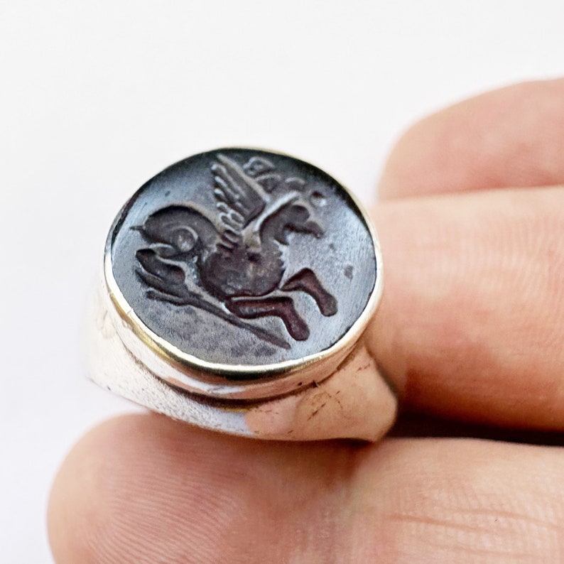 May include: A silver ring with a black oval stone featuring a detailed engraving of a winged horse.