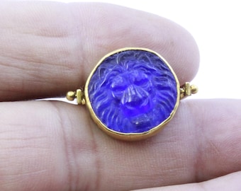Enamel Intaglio Lion Ring: 925K Sterling Silver, Ancient Style
