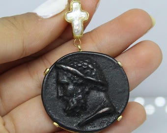 Bronze Intaglio Roman Coin Pendant Necklace: 925 Silver, Pearl Accent