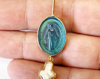 Enamel Intaglio Virgin Mary 925 Silver Pendant with Freshwater Pearl Cross