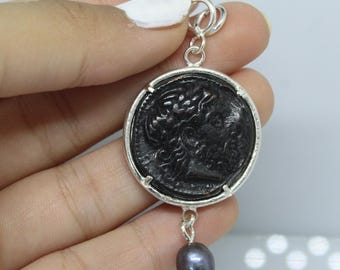 Bronze Intaglio Roman Coin Pendant Necklace: 925 Silver & Pearl