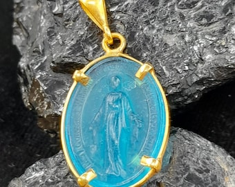 Enamel Intaglio Virgin Mary Pendant: 925K Silver Necklace
