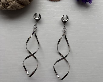 Dangle Gauges Plug Earrings Silver Spiral Hoop Tunnels Hider Plugs Saddles Stretched Ear Jewelry 2g (6mm) - 1’’ (25mm)