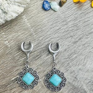 Dangle Gauges Plug Earrings Silver Turquoise Geometric Tunnels Saddles Stretched Ear Jewelry 2g (6mm) - 1” (25mm)