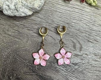 Dangle Gauges Plug Earrings Gold Pink Opal Sakura Cherry Blossom Tunnels Hider Plugs Saddles Stretched Ear Jewelry 2g (6mm) - 1’’ (25mm)
