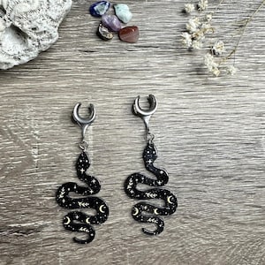 Dangle Gauges Plug Earrings Gold or Silver Celestial Black Serpent Tunnels Hider Plugs Saddles Stretched Ear Jewelry 2g (6mm) - 1’’ (25mm)
