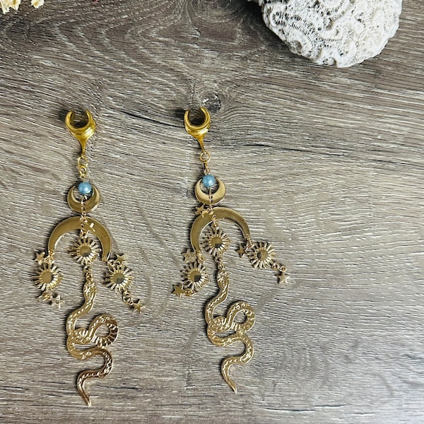 2g (6mm) - 1’’ (25mm) Gold Serpent Cresent Moon Dangle Gauges Tunnel/Earplugs Hider Plugs Earrings Saddles