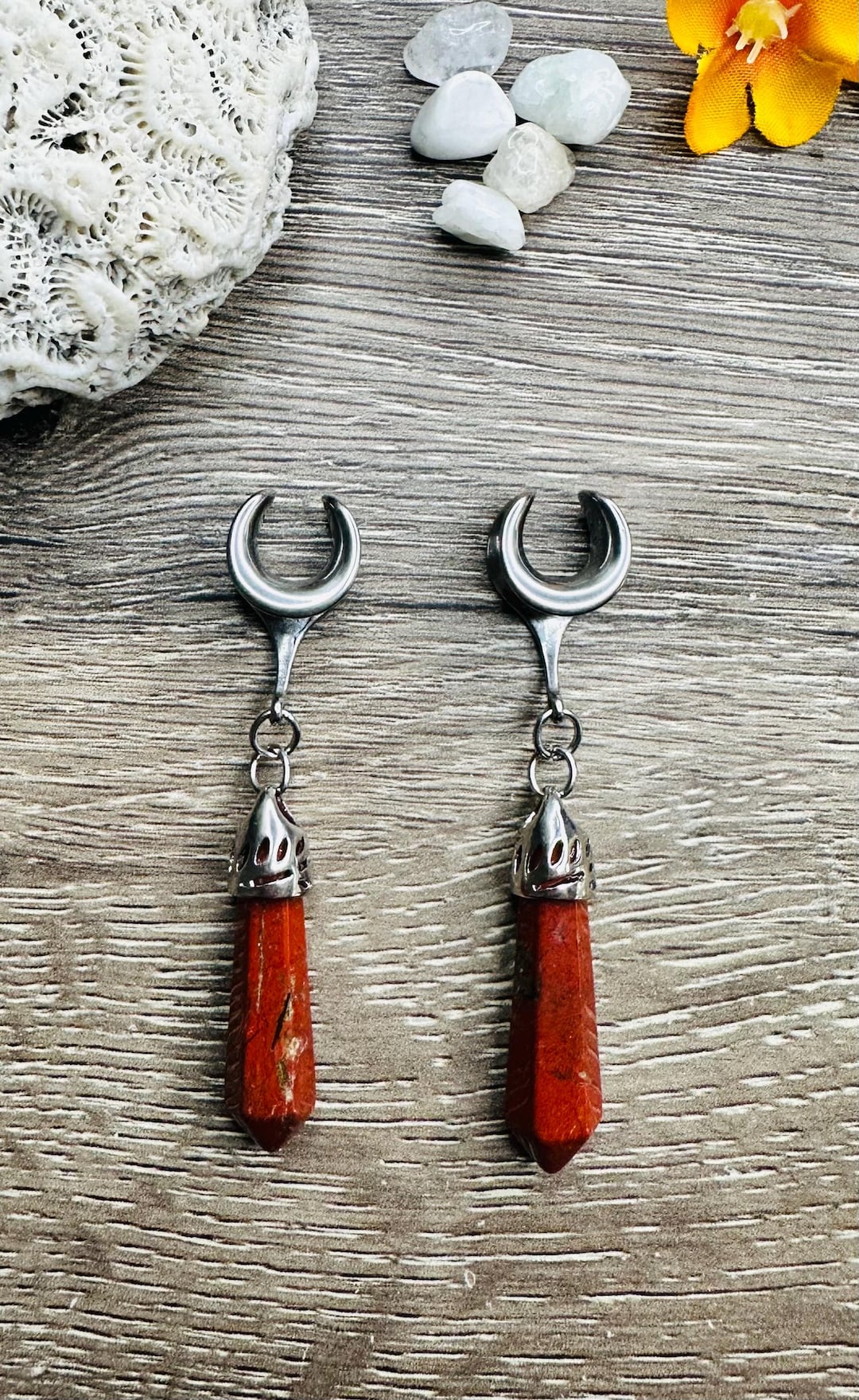 Boucles D’oreilles Vintage En Argent 950 Avec Pierre Jaspe Rouge Orangé - Crochet, Occasion