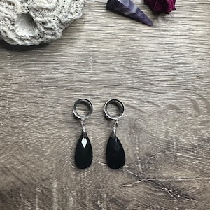 Dangle Gauges Plug Earrings Silver Black Onyx Teardrop Tunnels Saddles Hider Plugs Stretched Ear Jewelry 2g (6mm) - 1’&#39; (25mm)