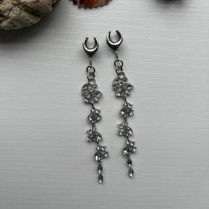 Dangle Gauges Plug Earrings Silver Crystal Tunnels Hider Plugs Saddles Bridal Wedding Formal Jewelry Stretched Ears 2g (6mm) - 1’’ (25mm)